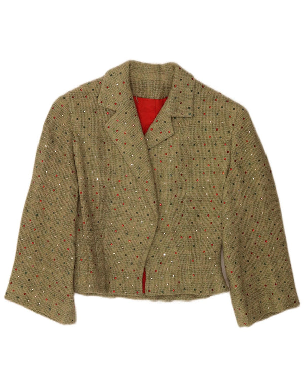Jachetă vintage pentru femei crop cu mâneci 3/4, UK 12, verde mediu pete