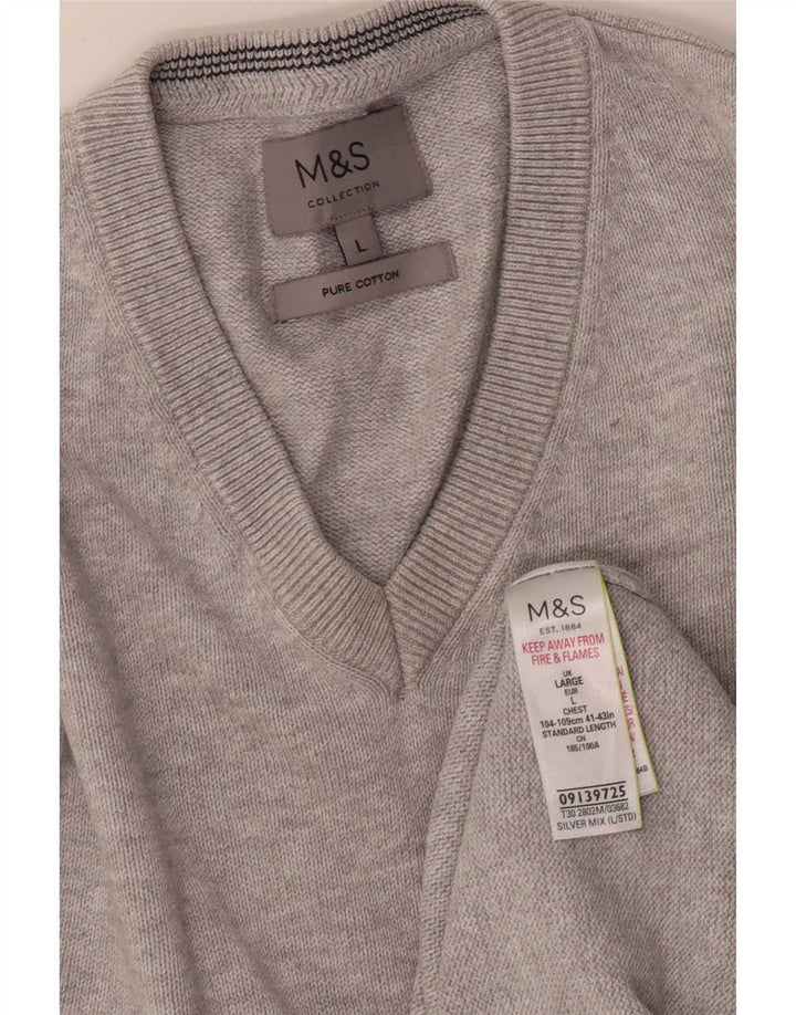 Pulover pentru bărbați Marks & Spencer, cu decolteu în V, mare, gri bumbac cu pete