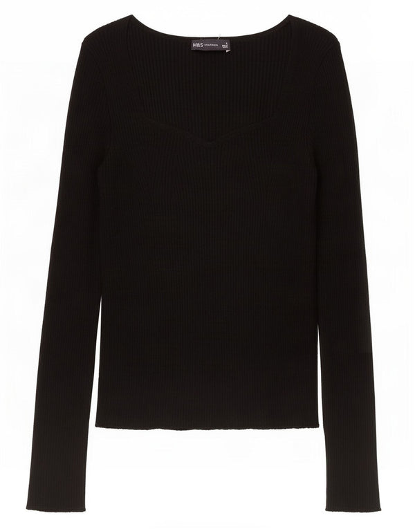Top pentru femei Marks & Spencer cu mânecă lungă UK 8 mic, negru, viscoză
