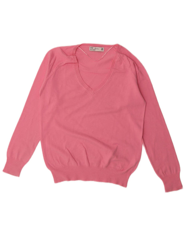 Pulover pentru femeie Zara, cu decolteu în V, UK 18 XL, bumbac roz
