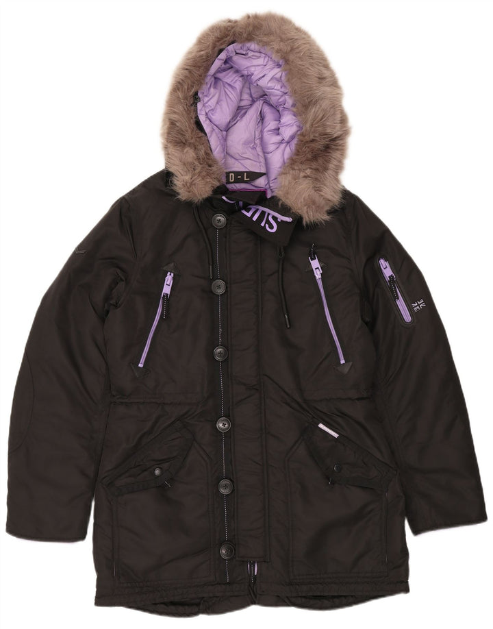 Jachetă Parka cu glugă Superdry pentru femei UK 16 mare, negru, nailon iarnă