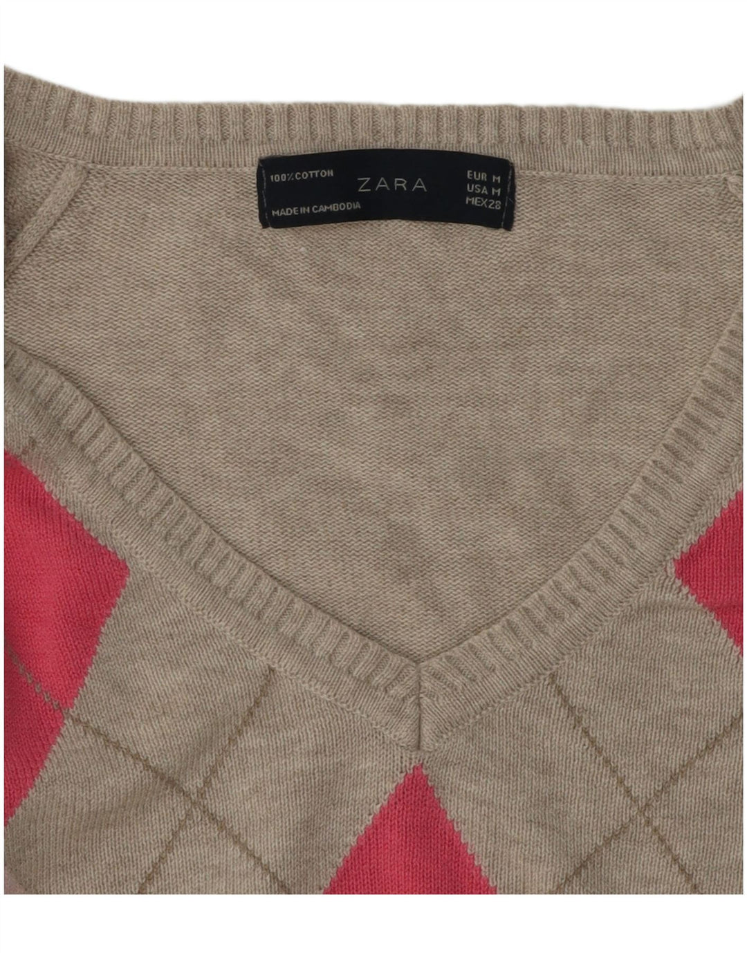 Pulover cu decolteu în V Zara pentru femei UK 12 Gri mediu Argyle/Diamond
