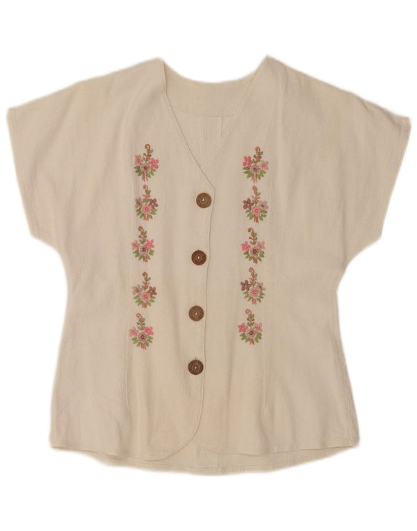 Bluză vintage cămașă cu mânecă scurtă pentru femei UK 10 mic, alb, floral