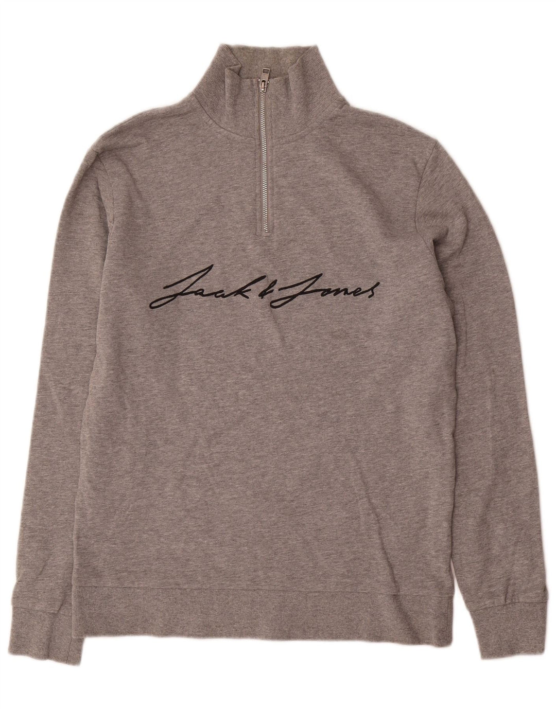 Pulover pentru bărbați Jack & Jones, cu grafică, cu fermoar, cu gât, mare, pete gri