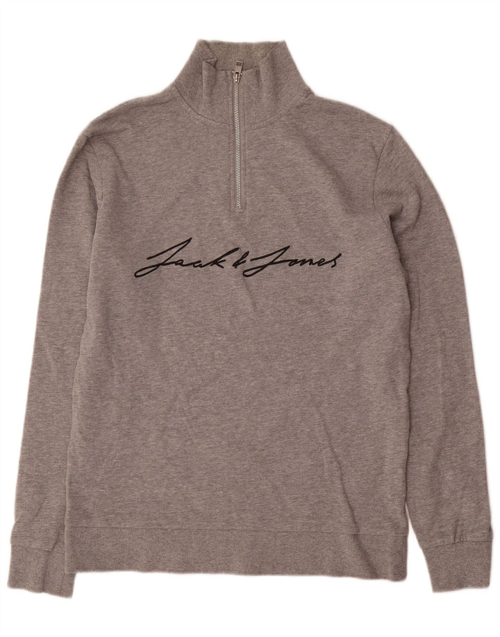 Pulover pentru bărbați Jack & Jones, cu grafică, cu fermoar, cu gât, mare, pete gri