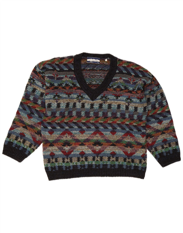 Pulover vintage pentru bărbați cu decolteu în V, lână geometrică, medie, multicoloră