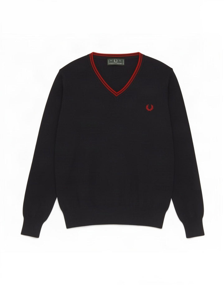 Fred Perry Pulover cu decolteu în V pentru bărbați, lână mare, albastru