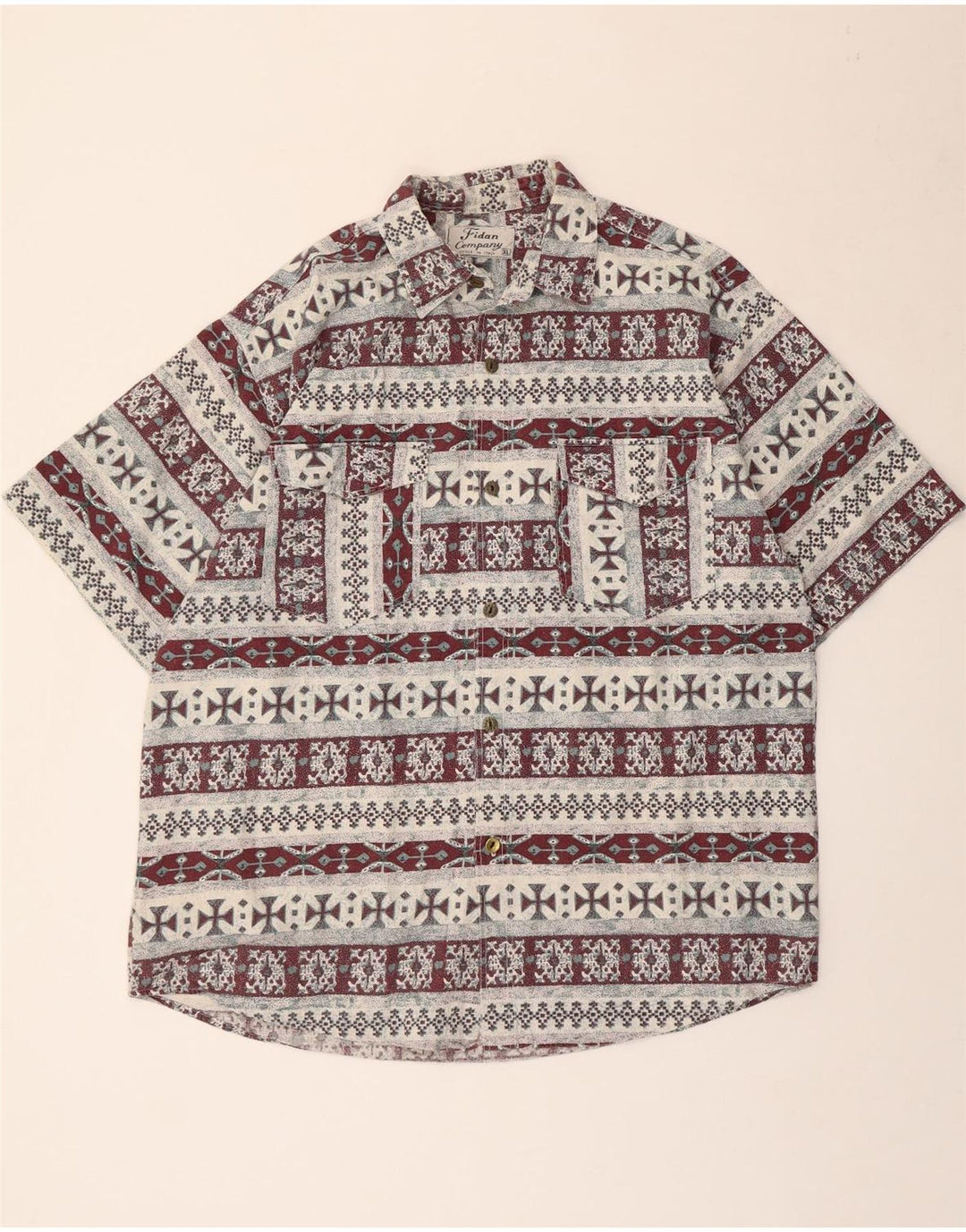 Cămașă Vintage pentru bărbați cu mânecă scurtă XL Burgundy Geometric Aztec