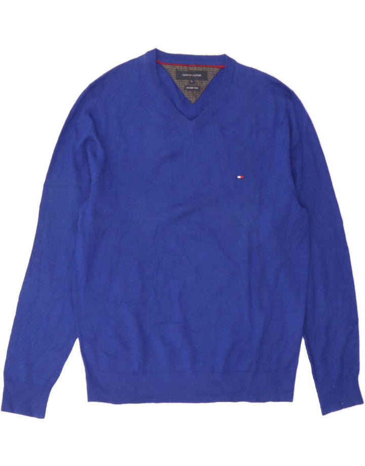 TOMMY HILFIGER Mens V-Neck Jumper Sweater Large Blue Lambswool Vintage Tommy Hilfiger and Second-Hand Tommy Hilfiger from Messina Hembry 