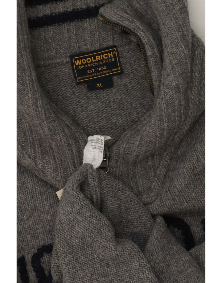 Pulover pentru bărbați Woolrich, cu grafică, cu fermoar și gât, XL, lână gri