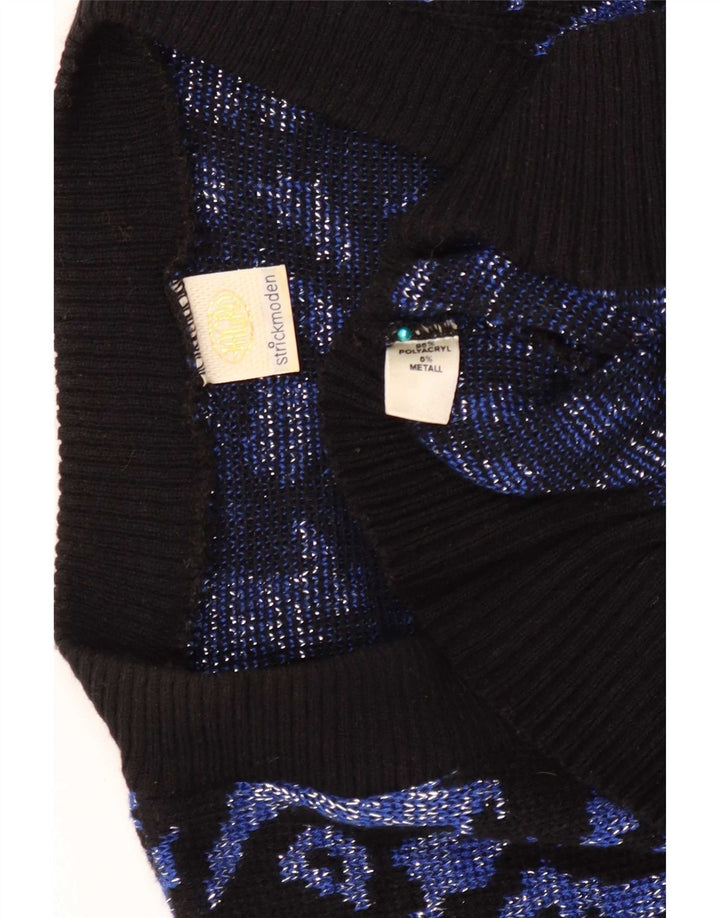 Pulover vintage pentru femei cu model abstract cu decolteu în V UK 16 mare bleumarin