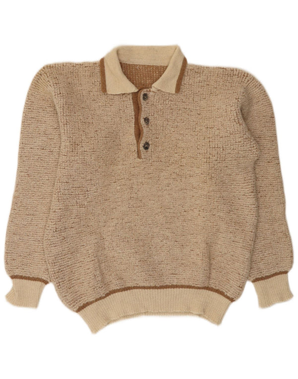 Pulover vintage pentru bărbați cu gât polo, lână de alpaca pete, bej mediu