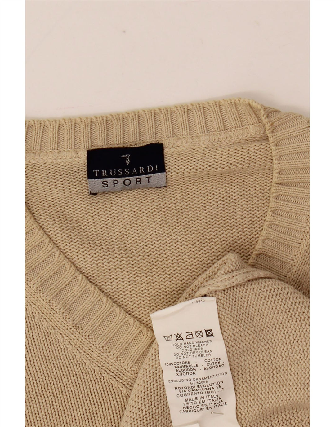 Pulover Trussardi pentru bărbați cu decolteu în V, mare, bej, bumbac