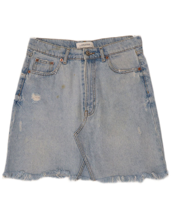 Fusta Mini Denim Distressed pentru Damă Zara Medium W28 Bumbac Albastru
