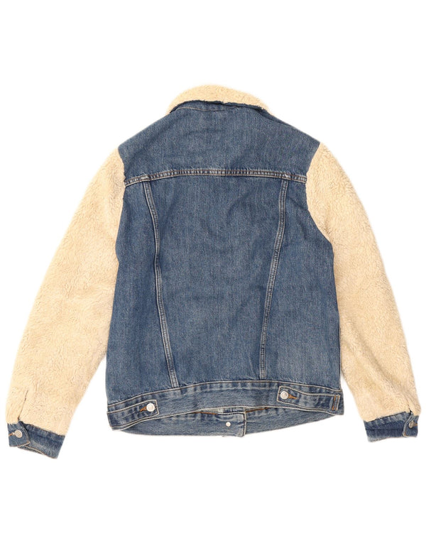 Jachetă de denim cu blană artificială Topshop pentru femei, cu tăiere lentă, UK 6 XS, albastru, bloc de culoare