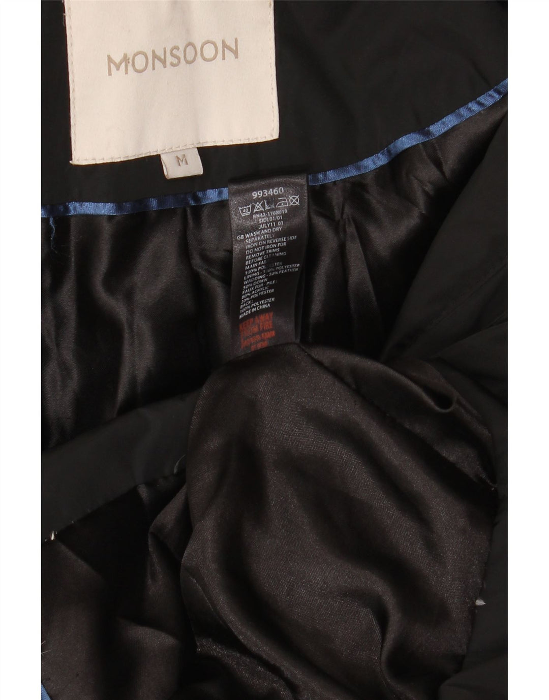 Palton căptușit cu glugă pentru femei Monsoon UK 14 Poliester mediu negru