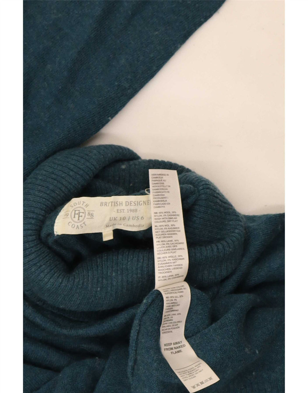 Pulover pentru femei Fat Face cu gât rulat, UK 10, lână albastră mică