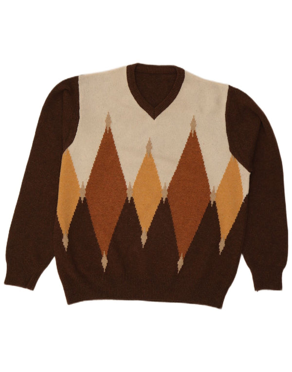 Pulover vintage pentru bărbați cu decolteu în V, mare, maro, Argyle/Diamond
