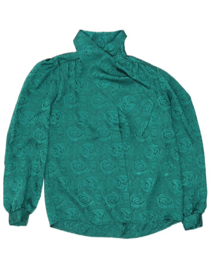 Bluză vintage pentru femei cu cămașă cu cravată în față UK 12 Poliester floral verde mediu