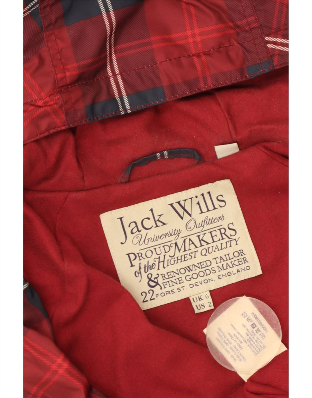 JACK WILLS Jachetă de ploaie supradimensionată cu glugă pentru femei UK 6 XS Poliester cu carouri roșii