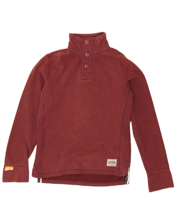 Pulover Superdry pentru bărbați, cu gât cu nasturi, bumbac mediu burgundă