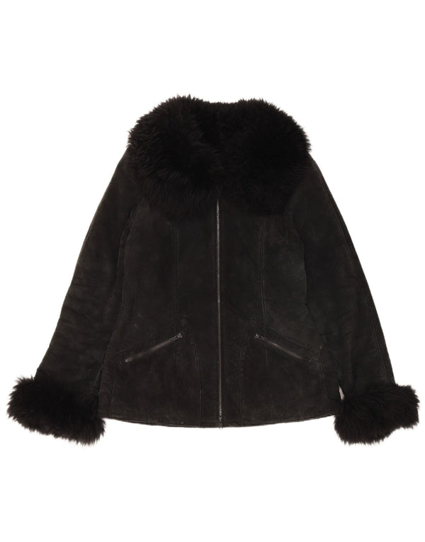Jachetă din piele de căprioară Sherpa pentru femei vintage UK 10 Mic din piele neagră