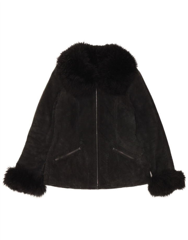 Jachetă din piele de căprioară Sherpa pentru femei vintage UK 10 Mic din piele neagră