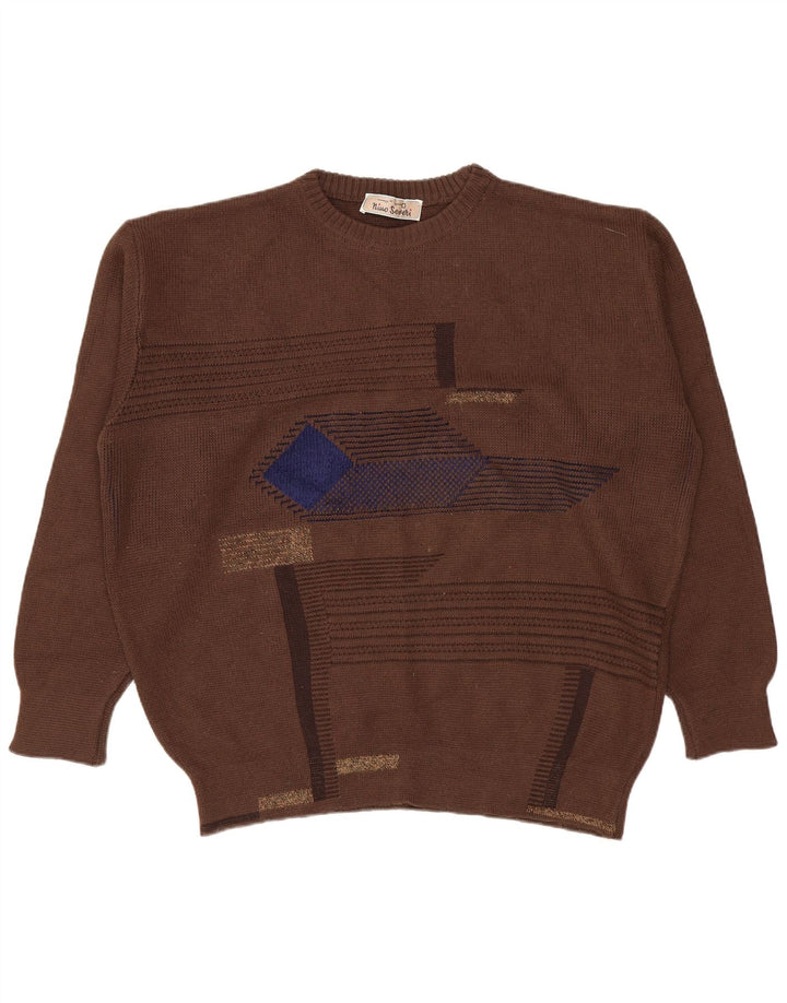 Pulover vintage pentru bărbați cu decolteu triplu, mare, maro, geometric