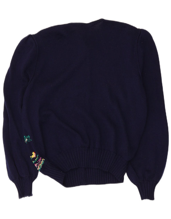 Pulover Vintage Cardigan Grafic pentru Damă IT 46 Mare Lână virgină bleumarin