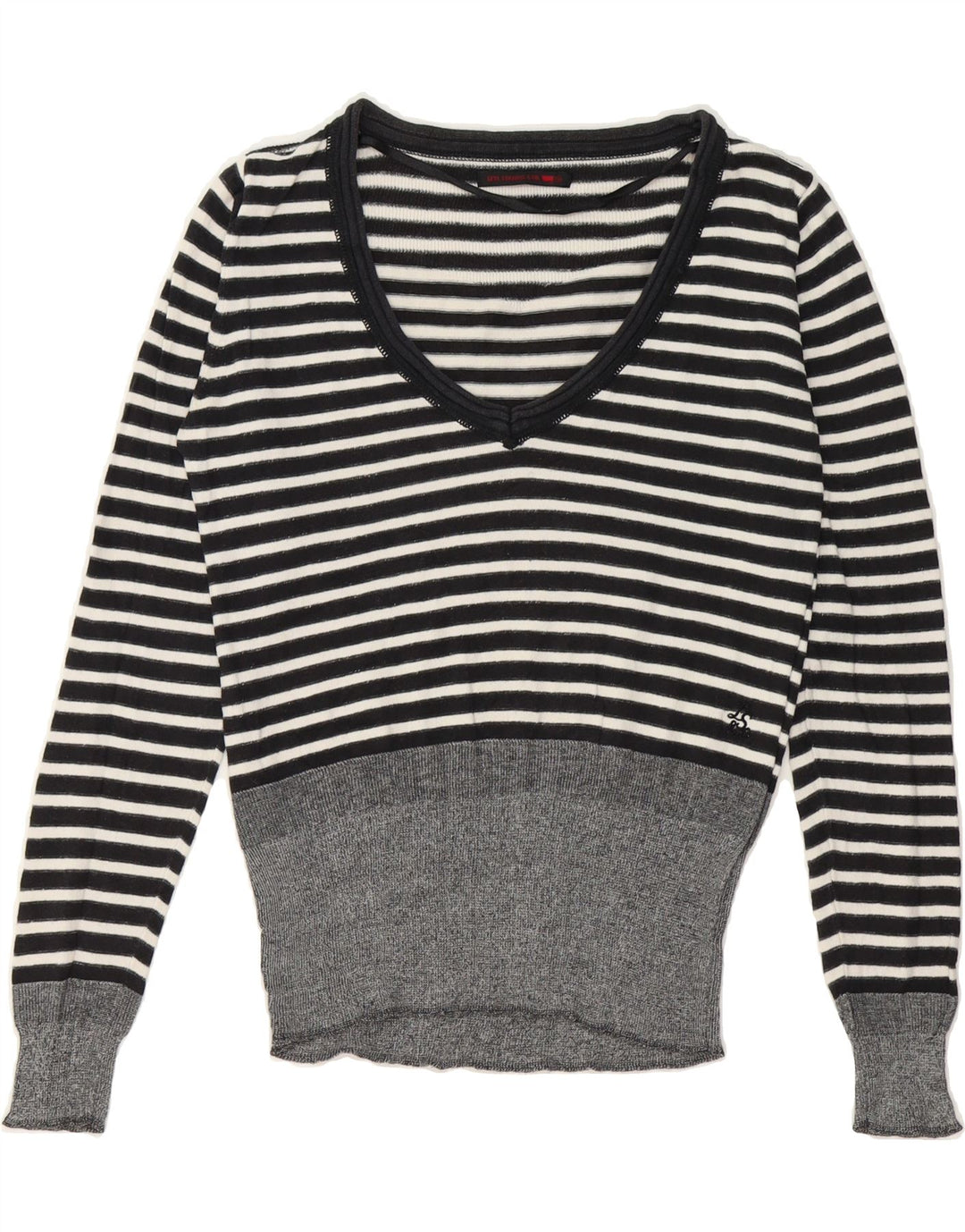 LEVI'S Womens V-Neck Jumper Sweater UK 14 Medium Black Striped Vintage Levi's and Second-Hand Levi's from Messina Hembry 