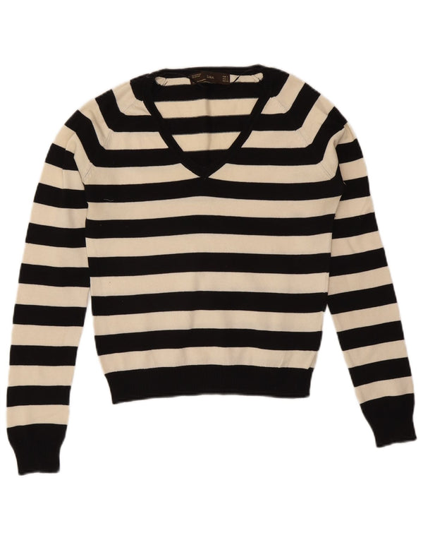 Pulover pentru femeie Zara cu decolteu în V UK 8 mic bumbac cu dungi negre