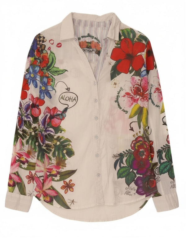 Bluză cămașă cu grafică Desigual pentru femei UK 10, bumbac alb cu flori mici