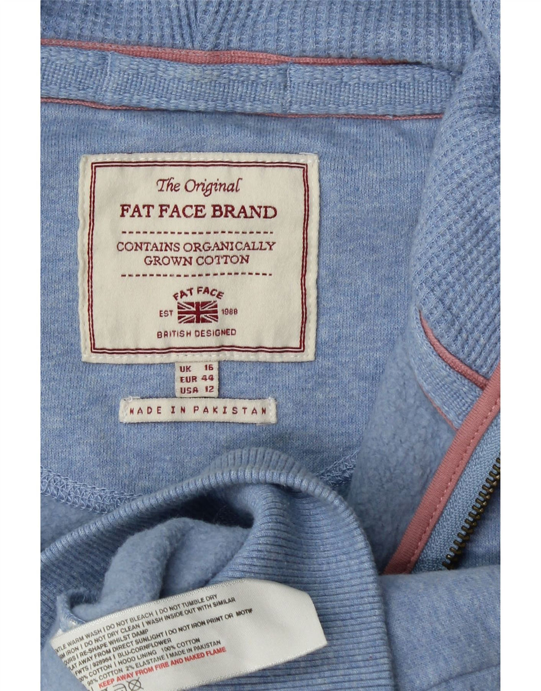 FAT FACE Pulover cu capota cu fermoar pentru femei UK 16 Bumbac albastru mare