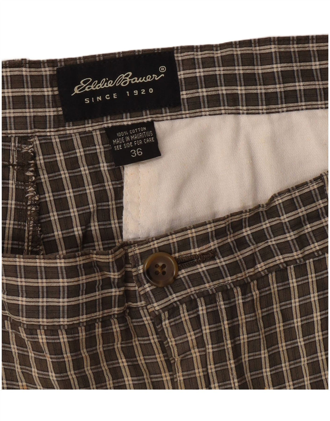 EDDIE BAUER Pantaloni scurți chino pegged pentru bărbați W36, bumbac cu check verde mare