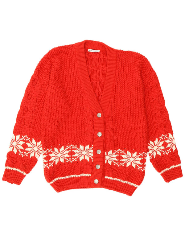 Pulover cardigan vintage pentru femei cu fulgi de zăpadă UK 14 mare roșu Fair Isle retro