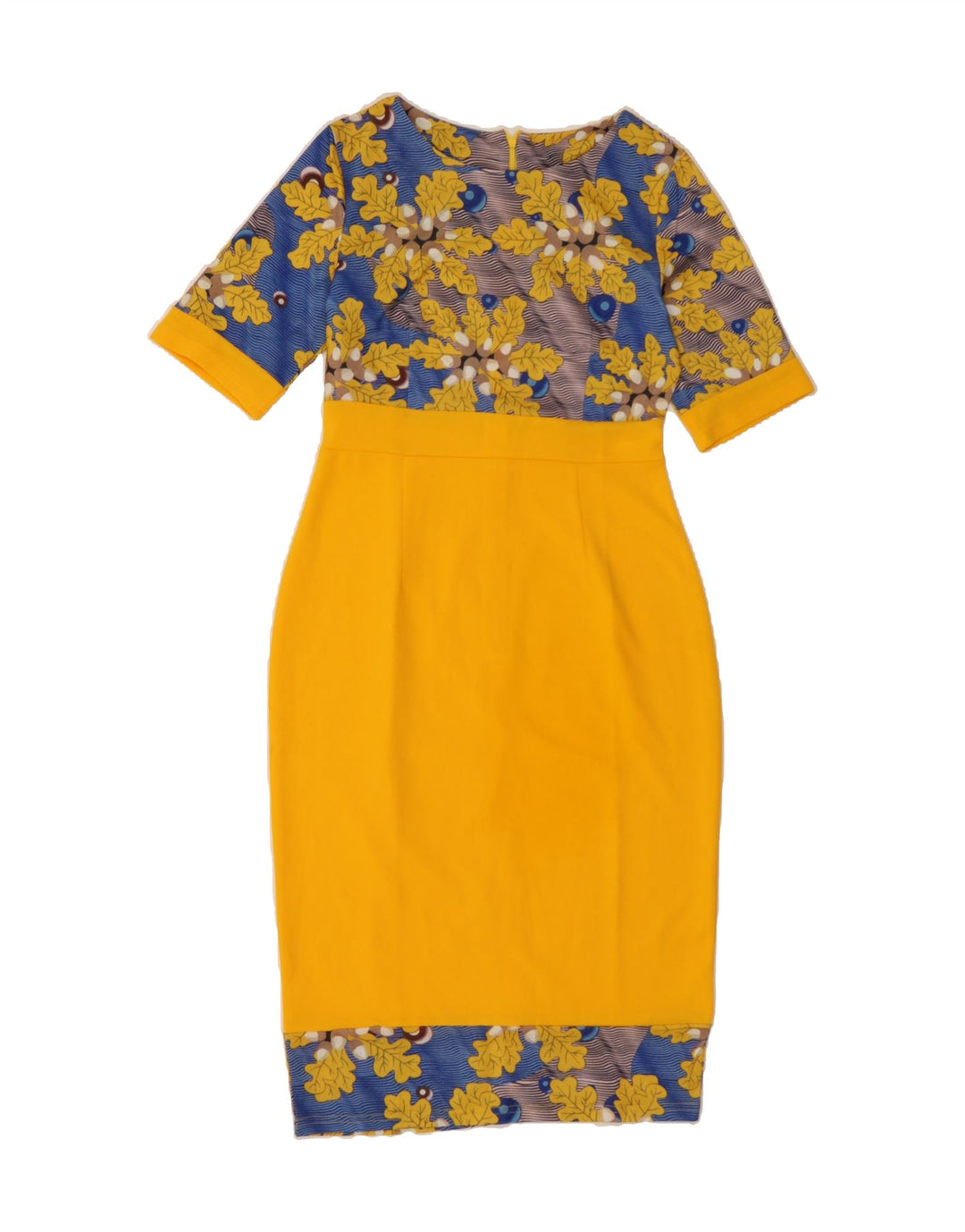 VINTAGE Womens Bodycon Dress UK 12 Medium Yellow Floral Polyester Vintage Vintage and Second-Hand Vintage from Messina Hembry 