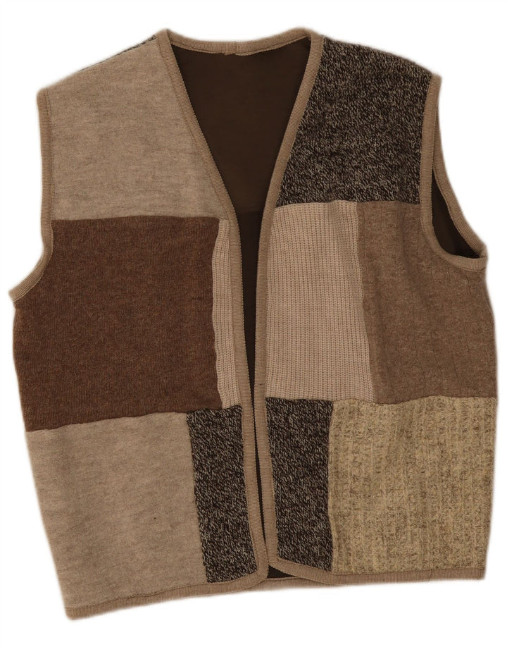 Pulover cardigan deschis fără mâneci vintage pentru femei UK 16 mare, bej, mozaic