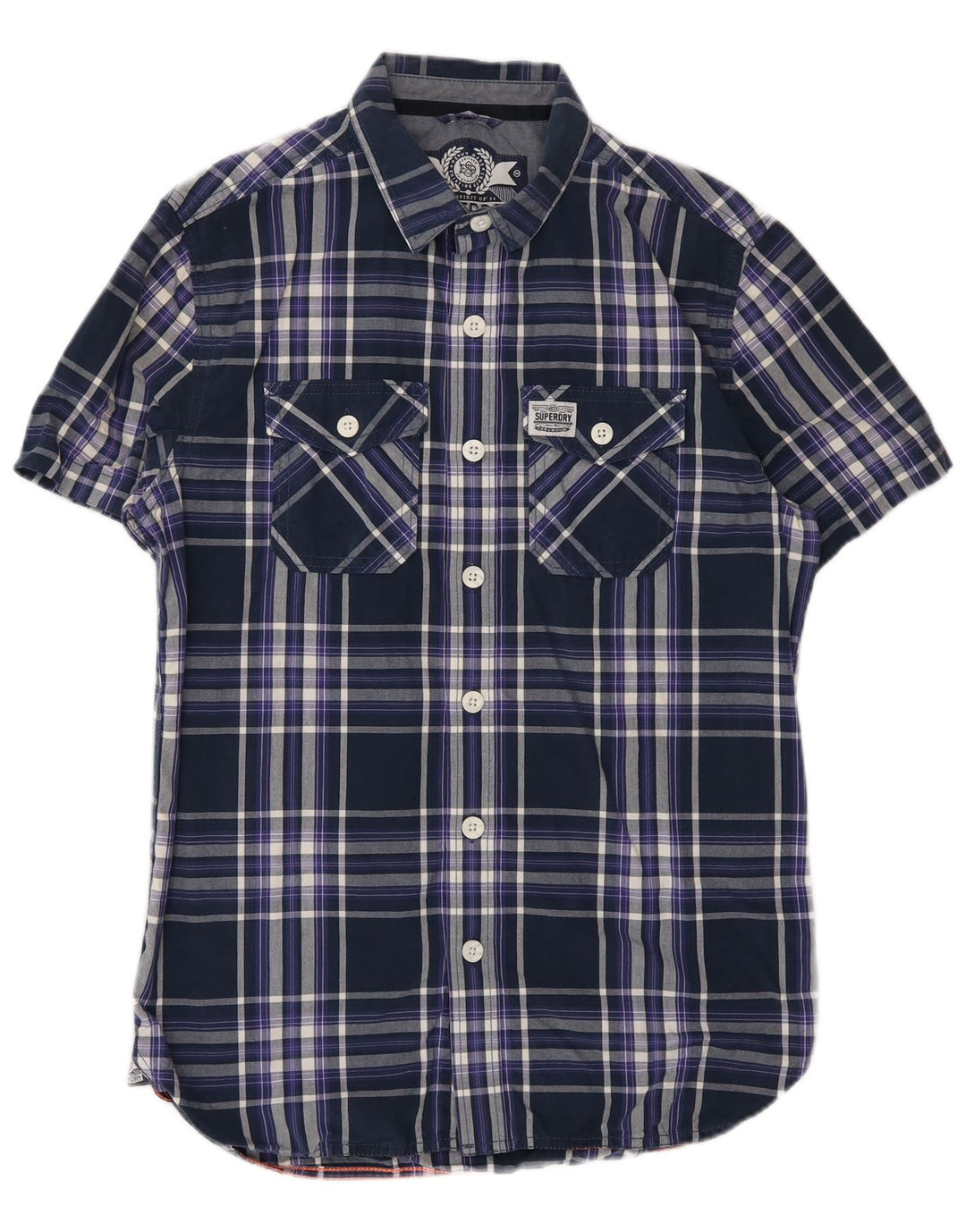 Cămașă cu mânecă scurtă pentru bărbați Superdry, bumbac cu carouri, albastru bleumarin mediu
