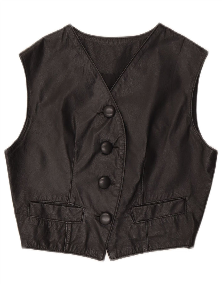 Vestă vintage din piele crop pentru femei UK 10 Small Black