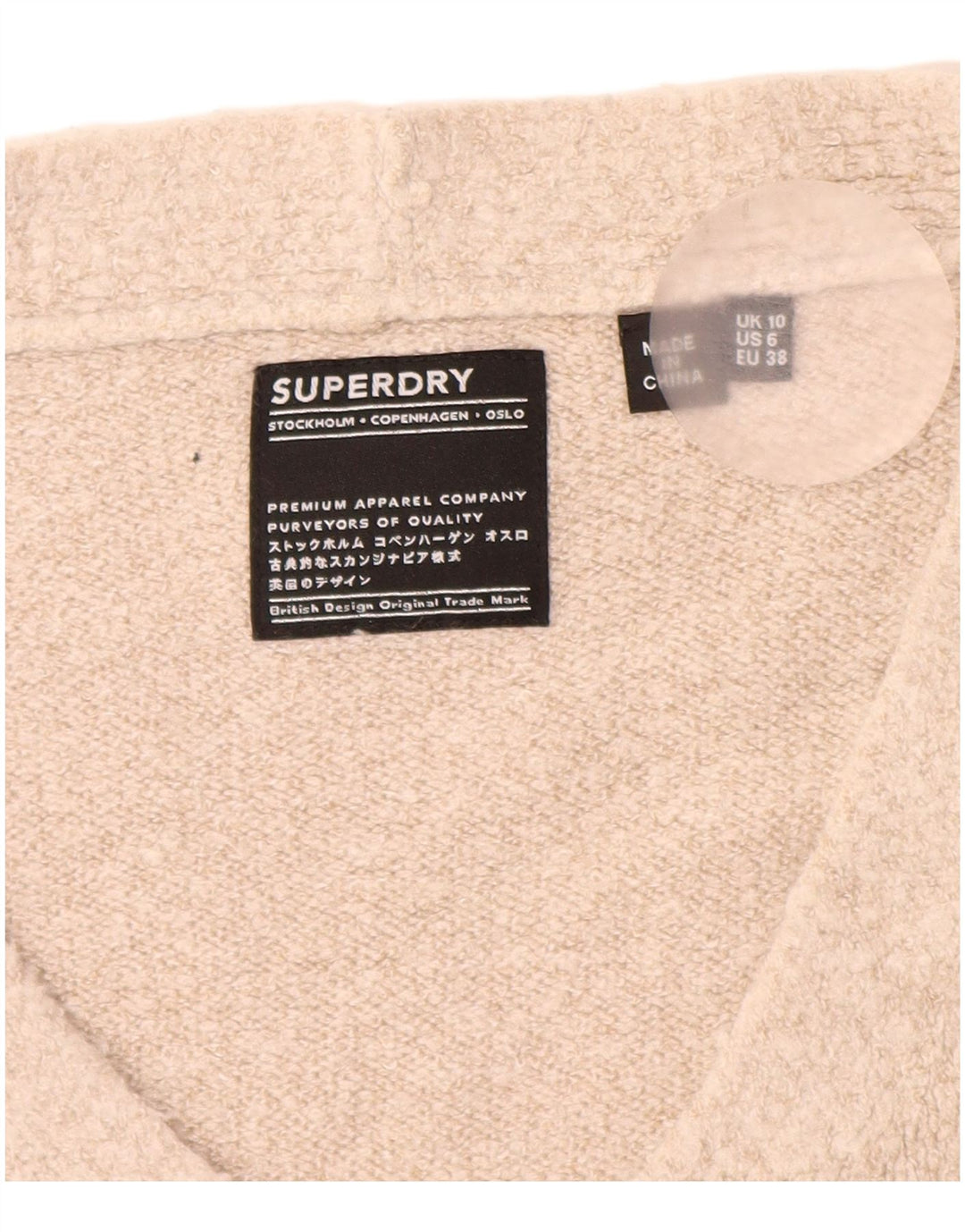 SUPERDRY Pulover supradimensionat pentru femei cu decolteu în V UK 10 Mic Bej Acrilic