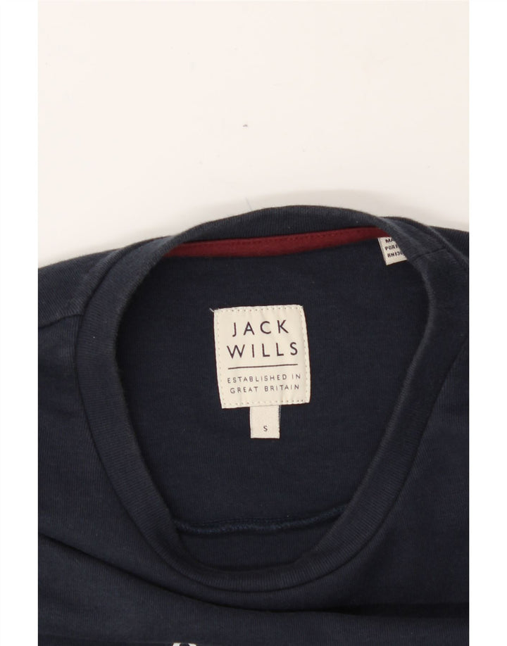 JACK WILLS Mens Graphic Sweatshirt Jumper Small Navy Blue Colourblock Vintage Jack Wills and Second-Hand Jack Wills from Messina Hembry 