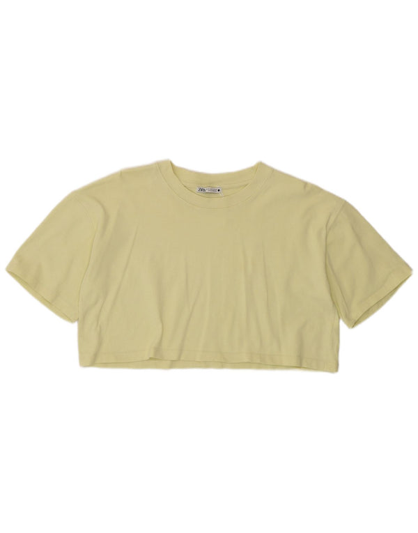 Zara Womens Short Sleeve Crop T-Shirt Top UK 12 Medium Yellow Cotton