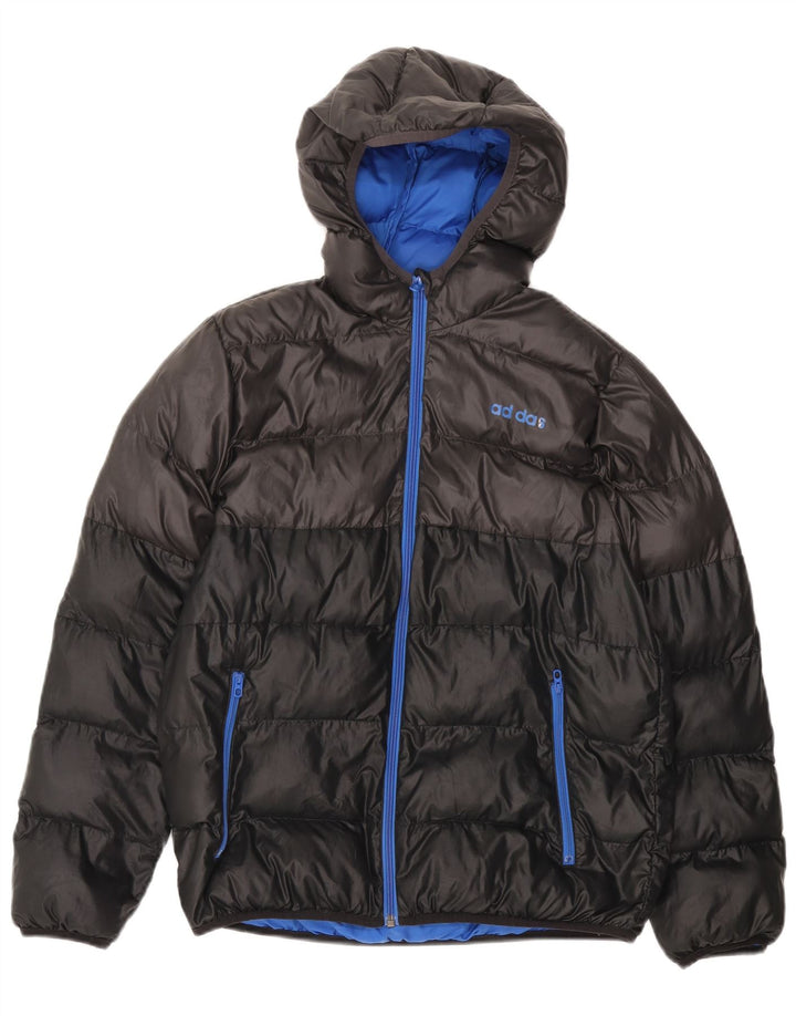 Jachetă căptușită cu glugă ADIDAS pentru băieți 13-14 ani, poliester negru color bloc