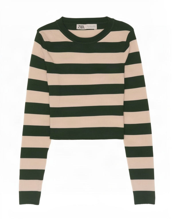 Crop Top pentru femei Zara cu mânecă lungă UK 8 mic, verde, cu dungi, viscoză