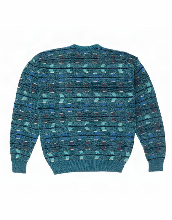 Pulover vintage pentru bărbați cu decolteu triplu, albastru mediu geometric