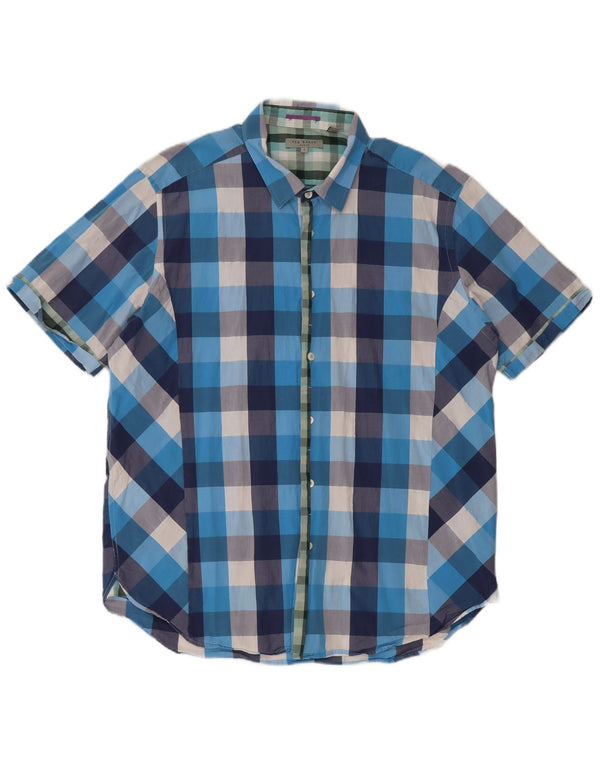 Ted Baker Mens Short Sleeve Shirt Size 6 2XL Blue Check Cotton