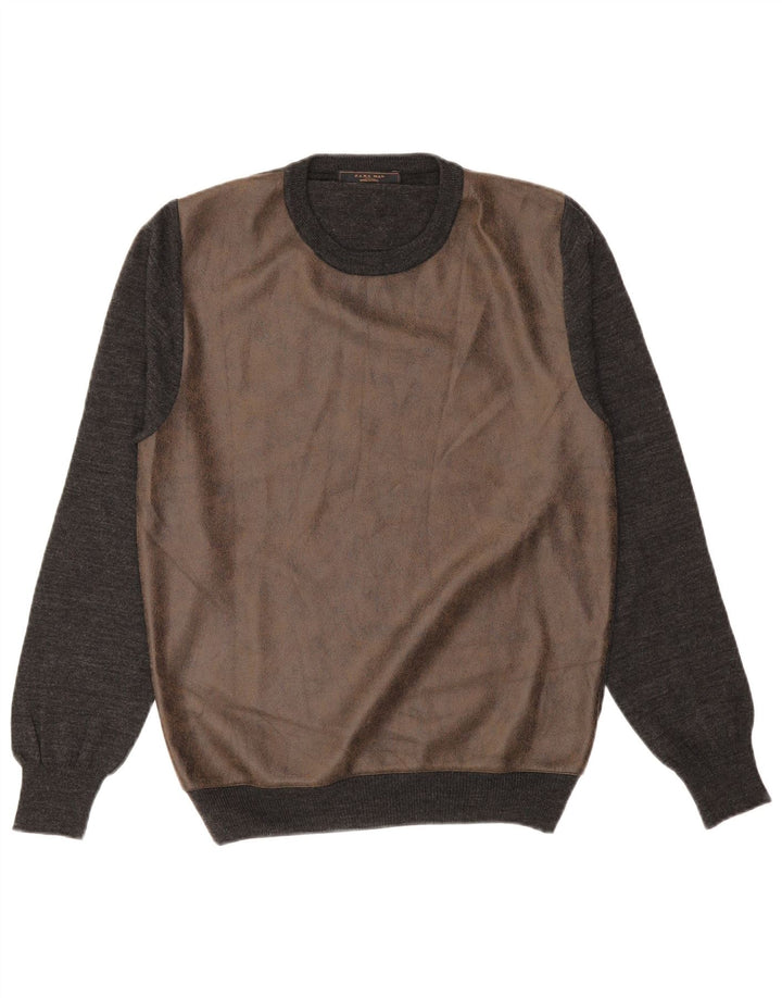 Pulover ZARA pentru bărbați cu decolteu rotund, mare, gri, acrilic, bloc de culoare