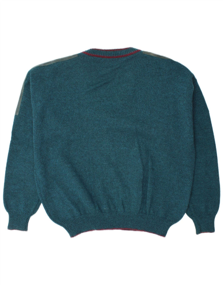Pulover vintage pentru bărbați cu decolteu în V, mare, albastru, lână color bloc