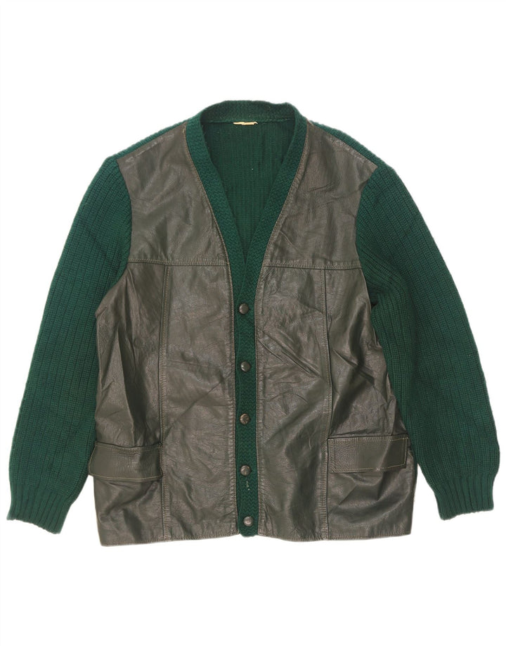 Pulover Cardigan din piele vintage pentru bărbați EU 50 verde mediu
