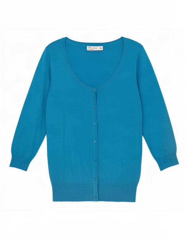 Pulover cardigan pentru femei Zara cu mâneci 3/4 UK 14, mare, albastru, bumbac